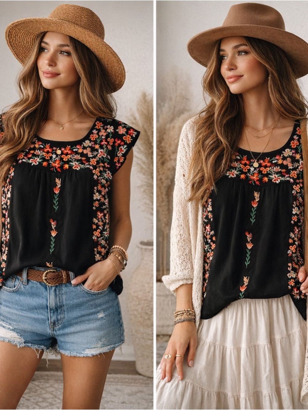 Black Floral Embroidered Capped Sleeve Top 04-0130